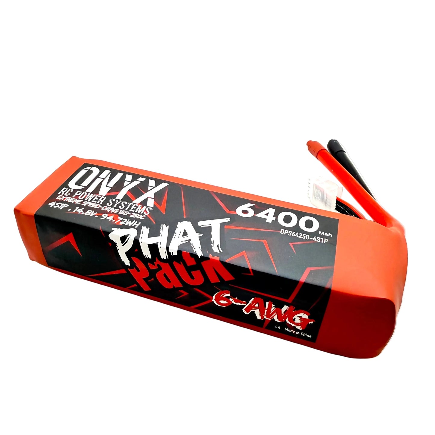 A 18650 lithium polymer battery pack by Onyx Power Systems, featuring a bright orange casing with a black and red graphic label. The battery has two exposed terminals, one red and one black, and is shown on a plain white background.