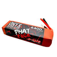 A 18650 lithium polymer battery pack by Onyx Power Systems, featuring a bright orange casing with a black and red graphic label. The battery has two exposed terminals, one red and one black, and is shown on a plain white background.