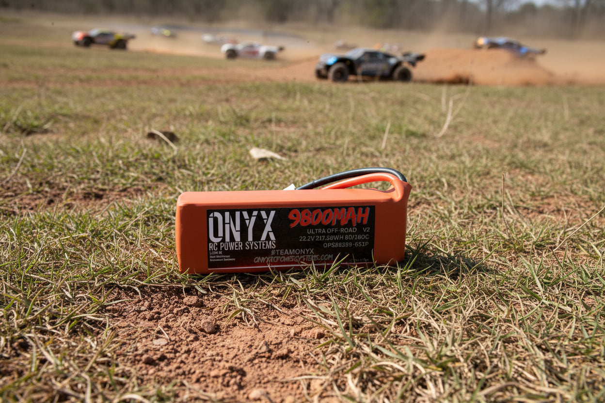 Onyx RC Power Systems battery with red casing on a white background