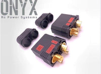 A set of black high current anti-spark connectors with gold-plated brass bullets, designed for use in high voltage applications, displayed on a white background.